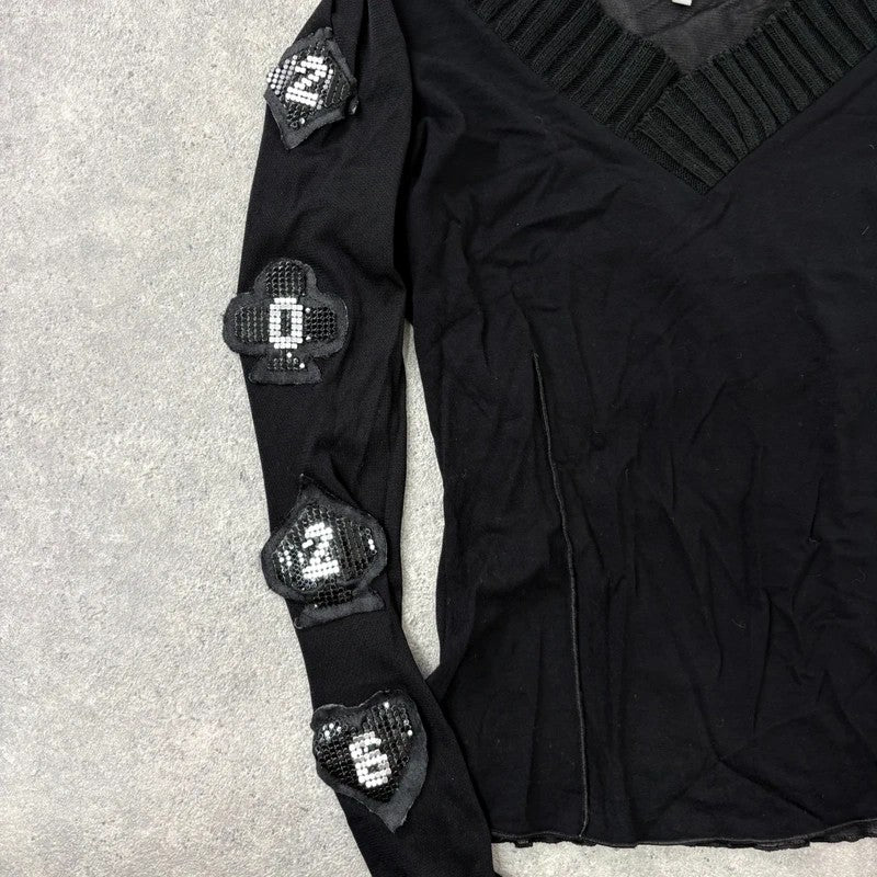 black layered mesh long sleeve slouchy rib top 2026