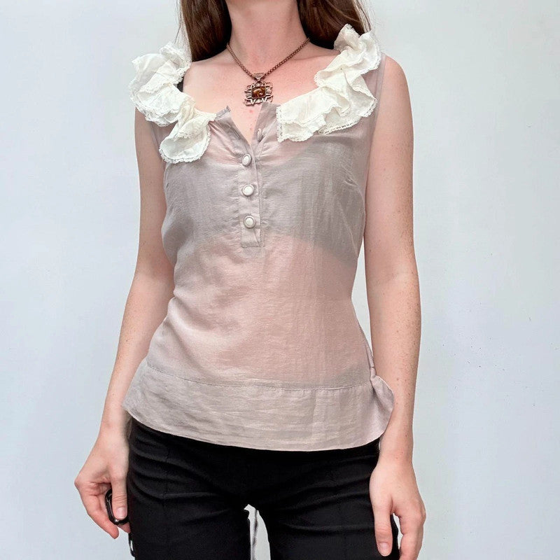 lace ruffle sheer silk cream shirt