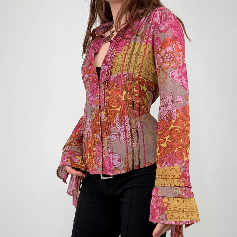 pink and brown floral printed flared shirt