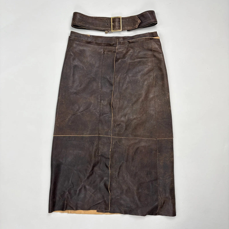 chocolate brown leather a-line midi skirt