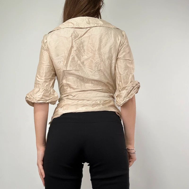 gathered crinkle silk structured wrap shirt