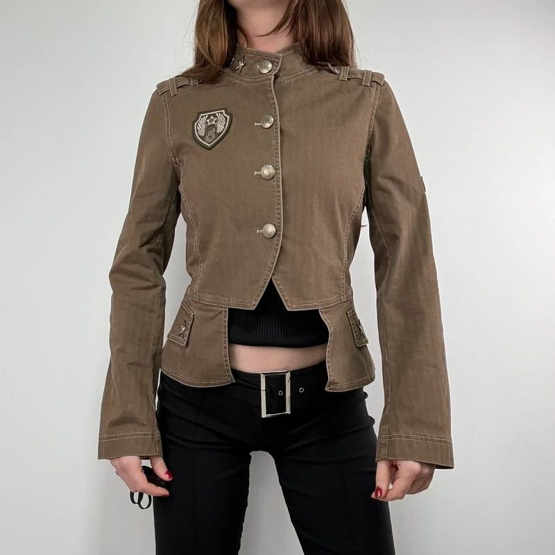 Khaki asymmetric fitted military jacket