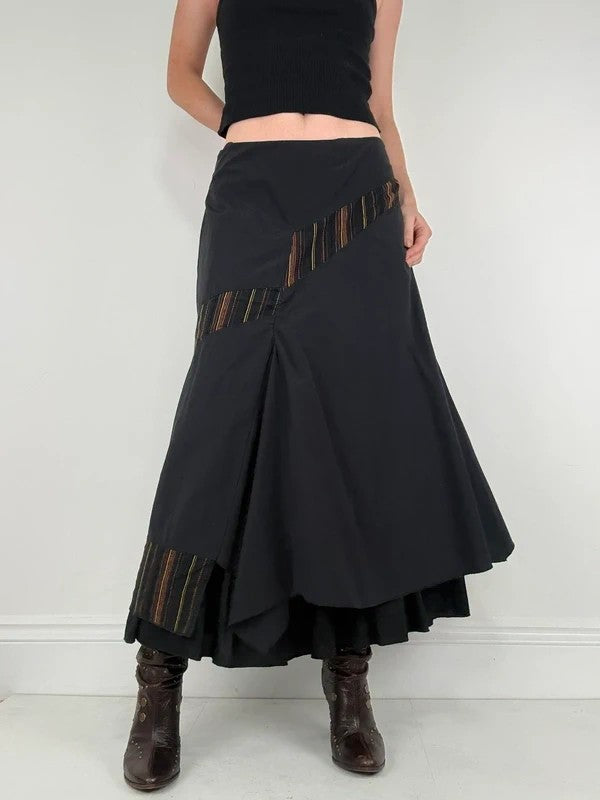 Black flared pleated pinstriped layered maxi skirt