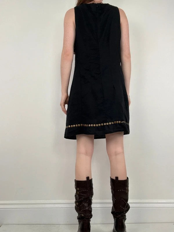 black linen metal gold studded mini Y2K party dress