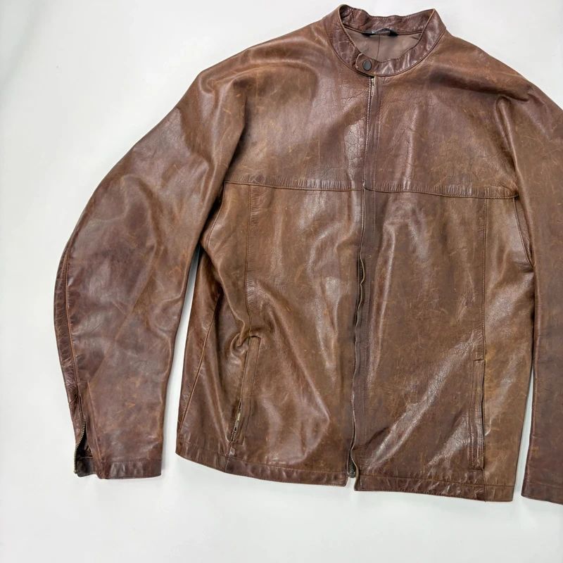 Brown Oversized Leather Bomber Jacket
