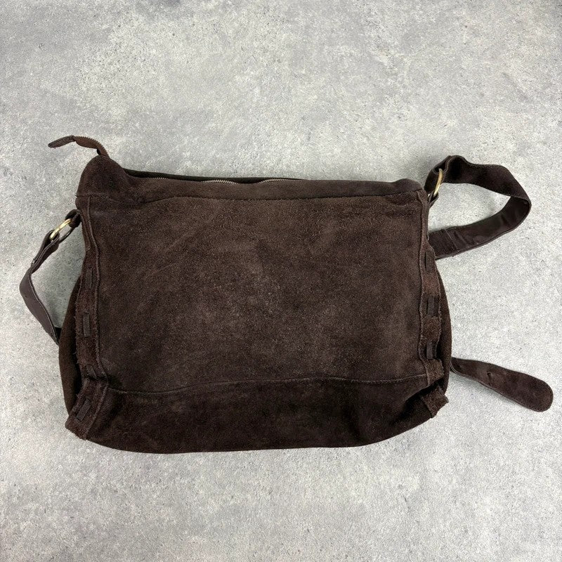 Brown cow hide leather satchel bag with gold embellishment