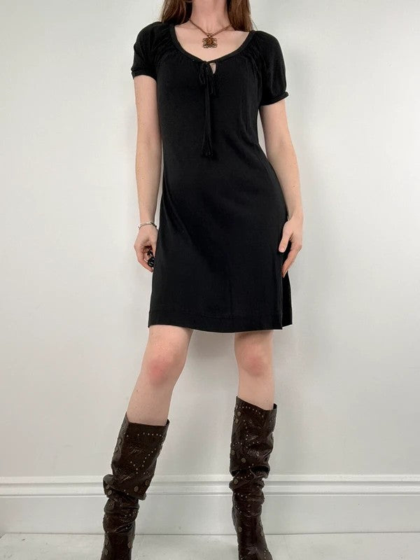 slouchy black bow neck mini dress