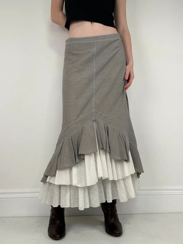 Pleated flared layered ruffle maxi skirt