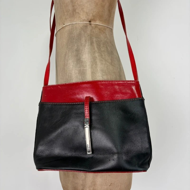 Black and red leather patient mini messenger bag