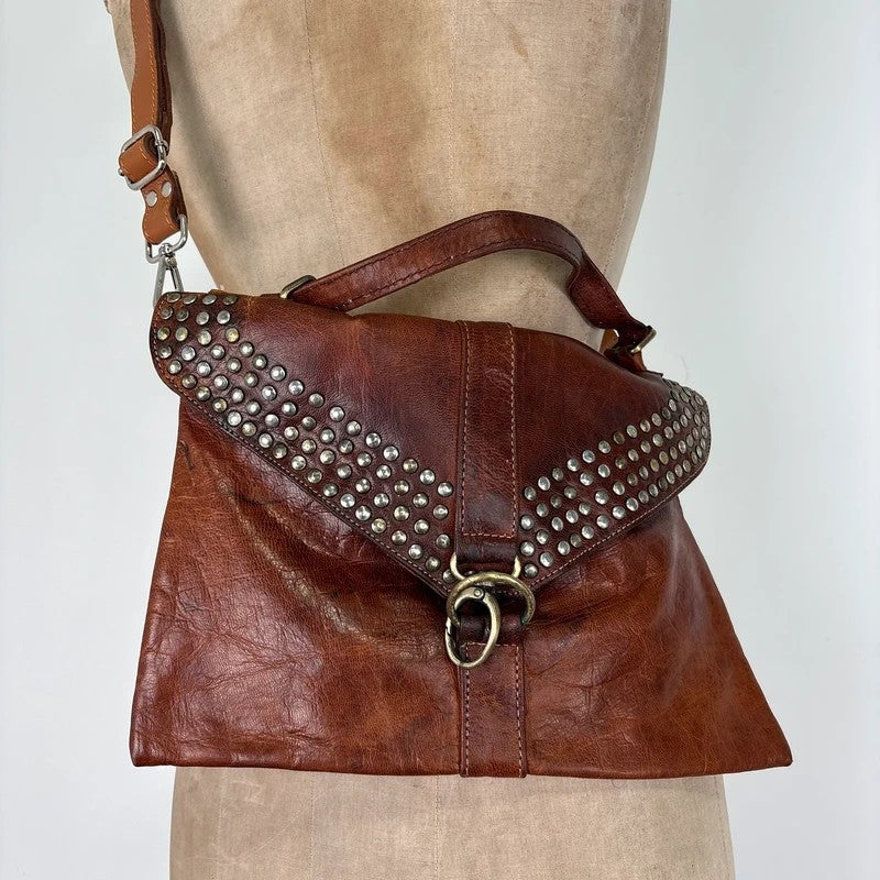 Studded distressed brown leather cargo messenger bag