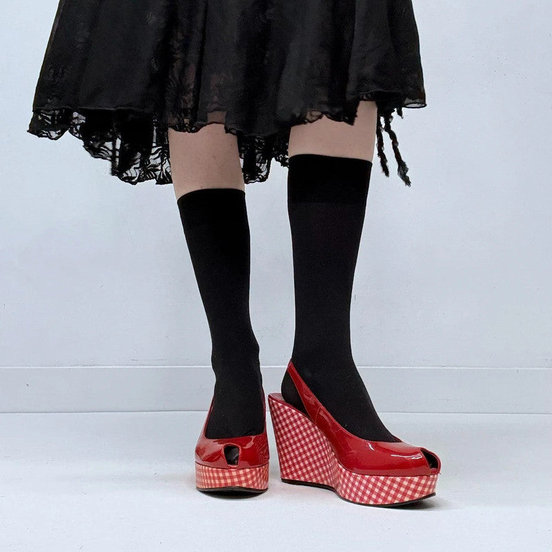 red gingham wedge heels