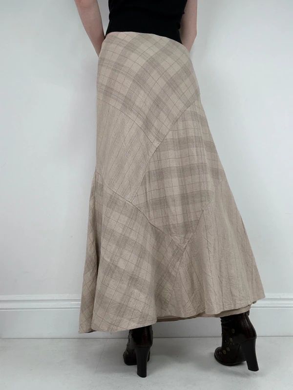 beige linen tartan flared checked maxi skirt