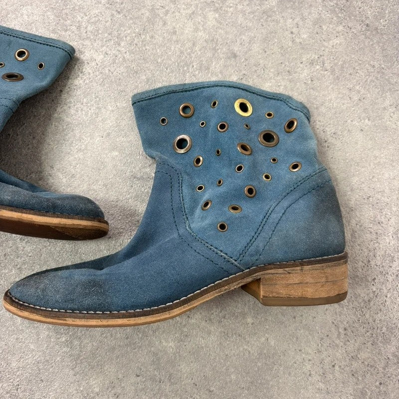 Blue suede studded eyelet ankle boots