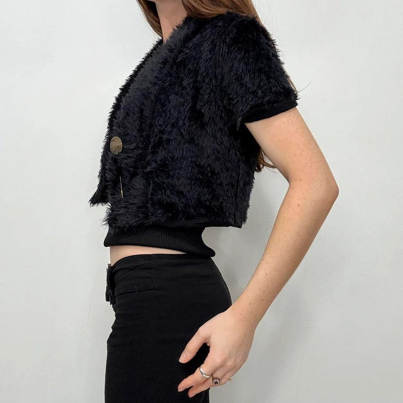 cropped black faux fur cardigan