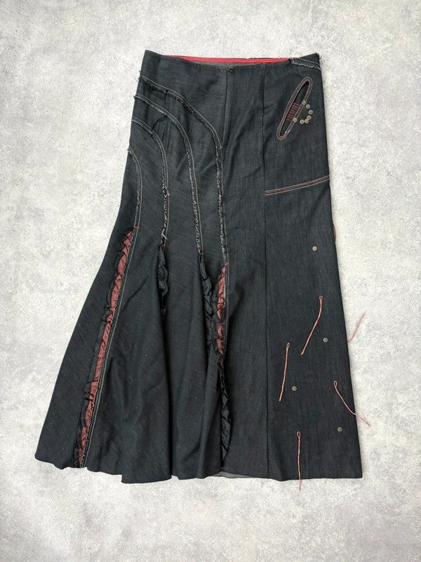 Flared black distressed maxi skirt