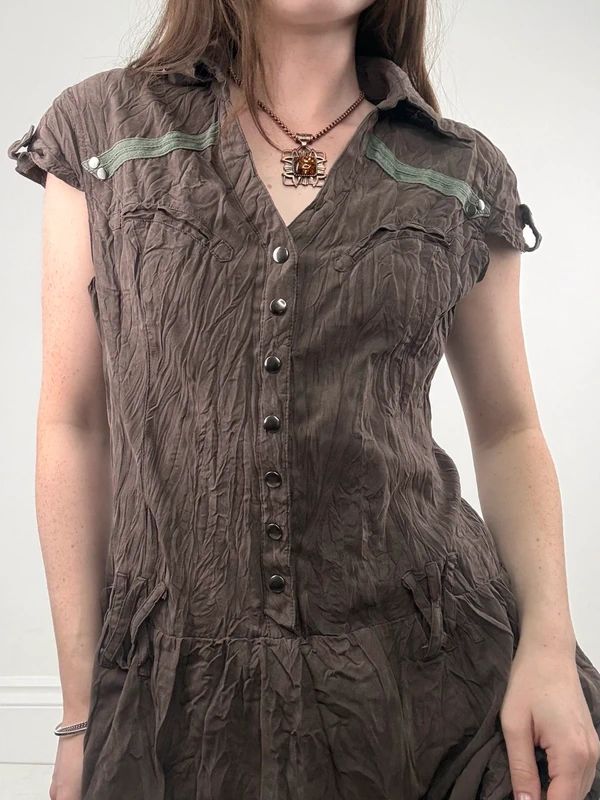brown crinkle layered shirt dress