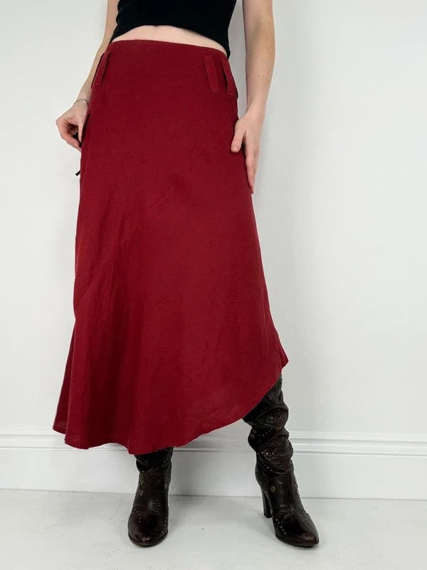 red linen bias cut asymmetric maxi skirt