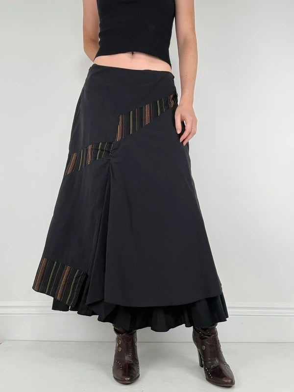 Black flared pleated pinstriped layered maxi skirt