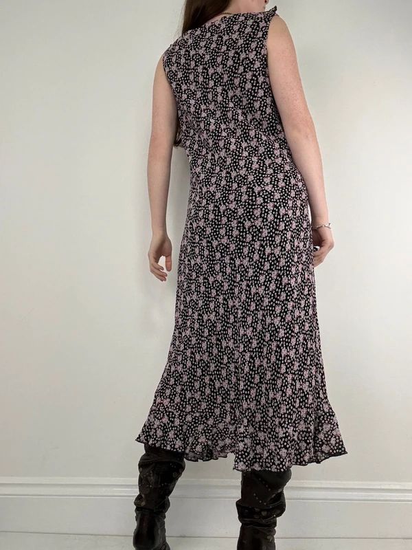 black polkadot ruffle flutter midi dress