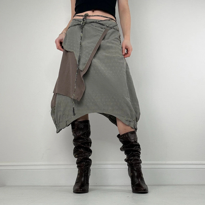 asymmetric gathered puff pleated khaki midi skirt