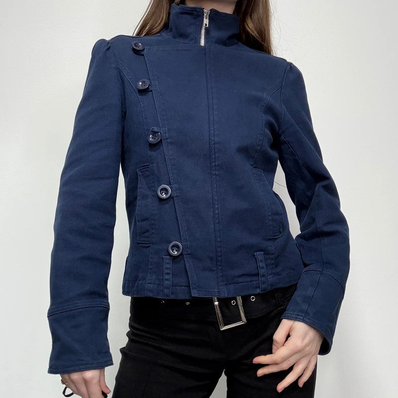 blue asymmetric button military jacket