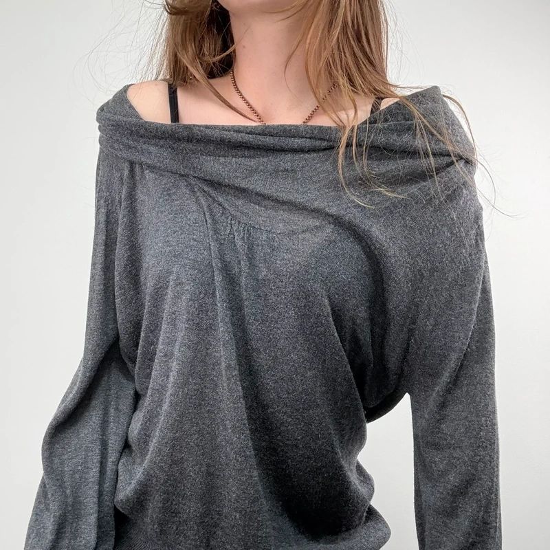 grey slouchy knit off-the-shoulder jumper, wool and silk blend