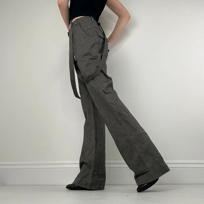 grey suspender flared suit trousers