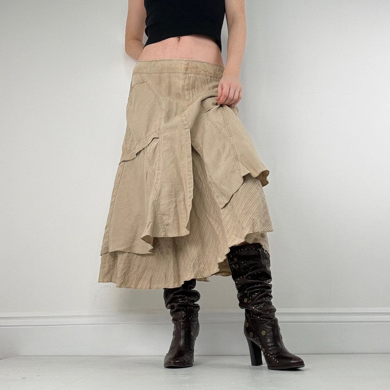 tan linen layered pinstripe midi skirt