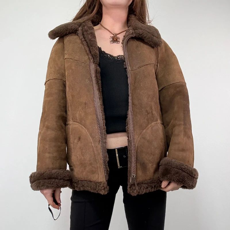 brown shearling aviator vintage jacket with zipper
