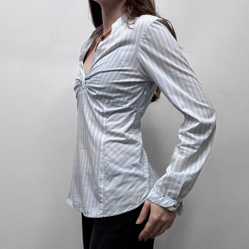 blue pinstripe flared office shirt