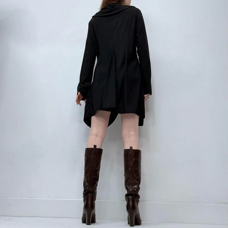 black draped long sleeve zip-up dress