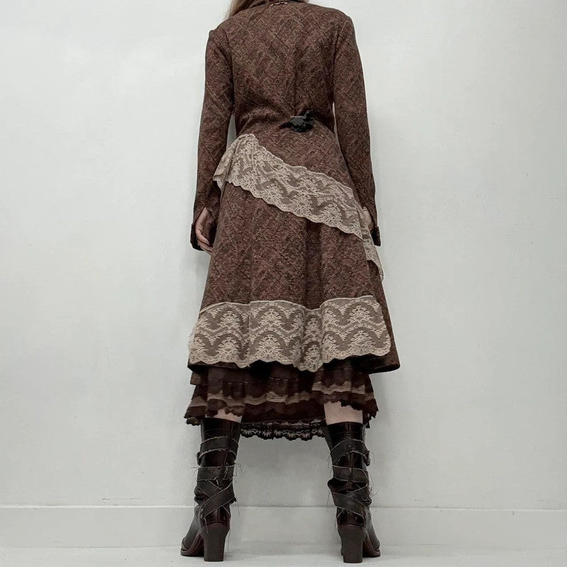 brown lace flared tweed pea coat