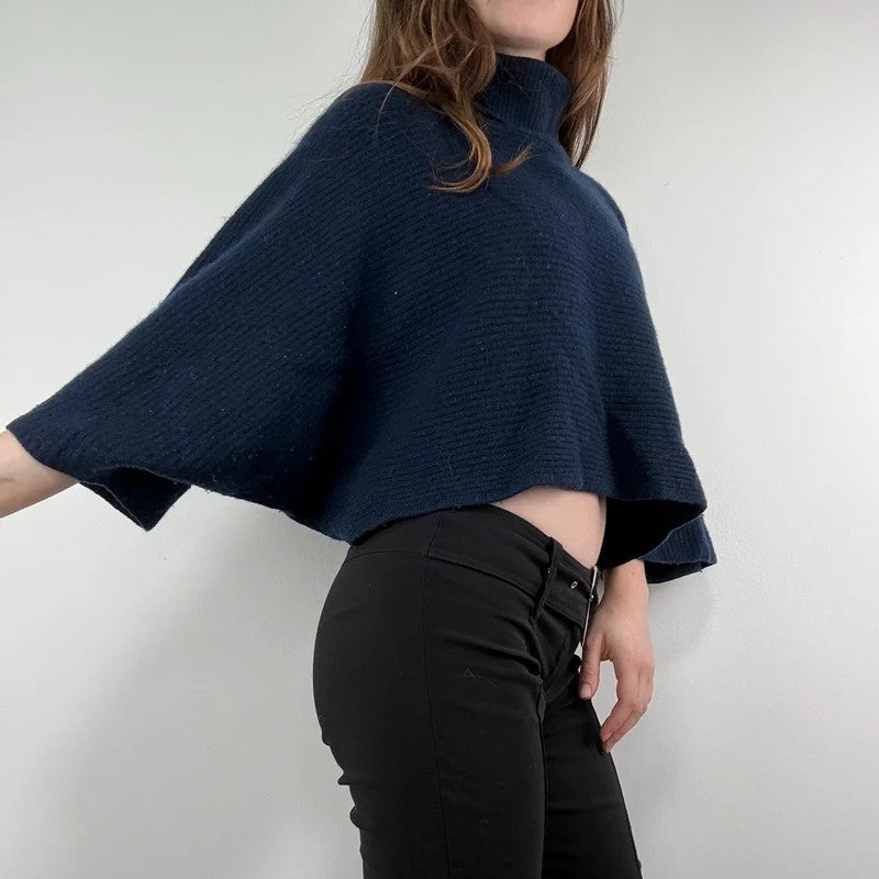 blue wool ribbed cape batwing jumper