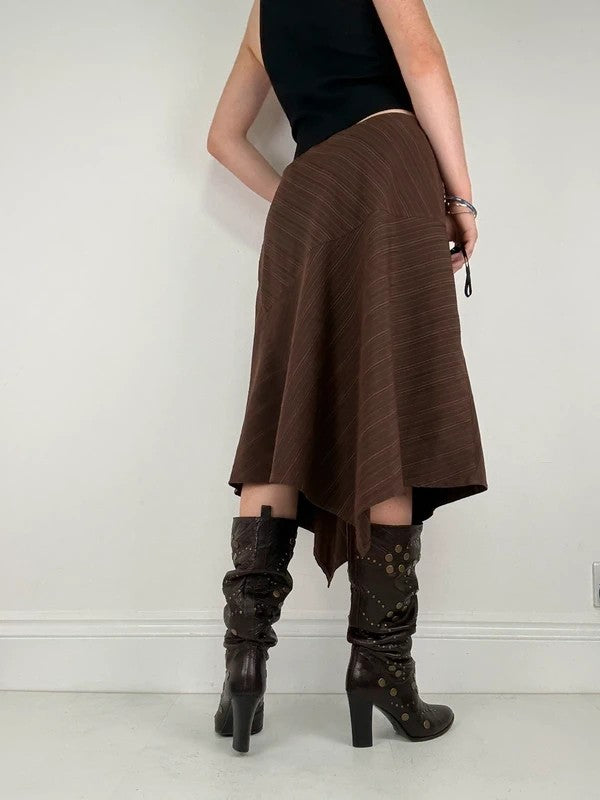 Pinstripe brown asymmetric draped midi skirt