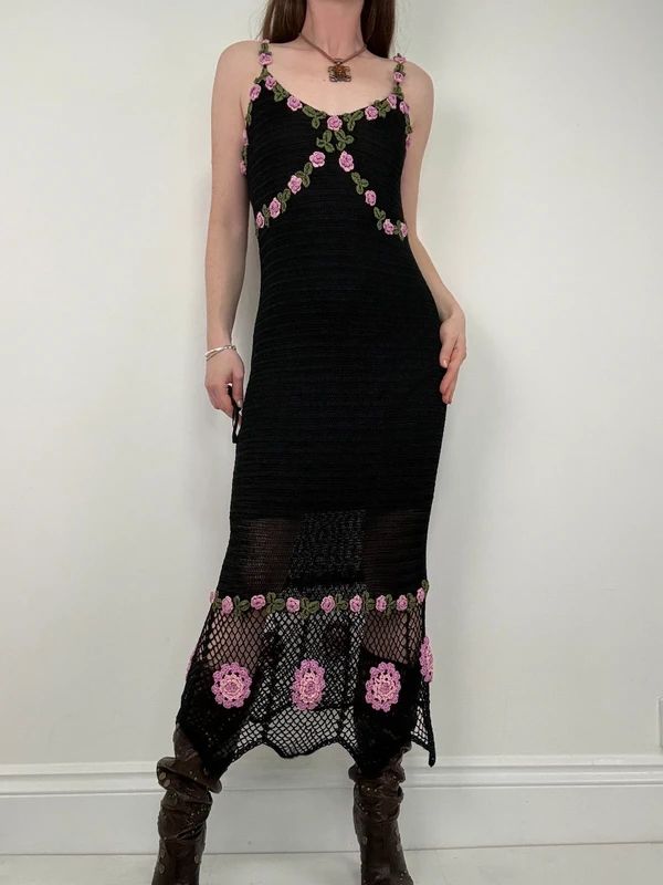 rene derhy crochet floral black summer maxi dress