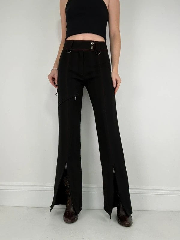 black pinstripe flared gothic d-ring utility trousers
