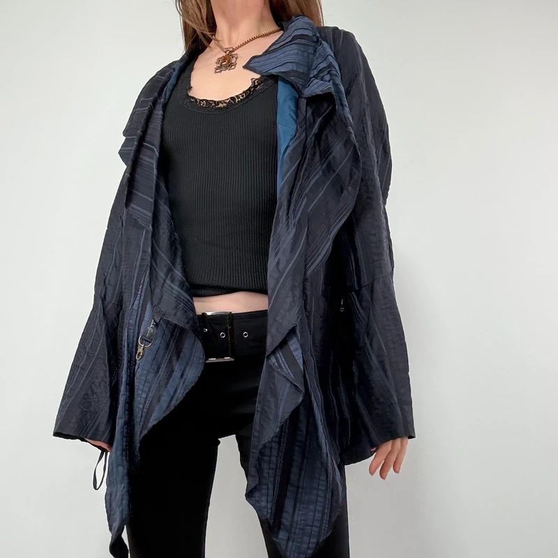 Navy Pinstripe Asymmetric Ruffle Jacket
