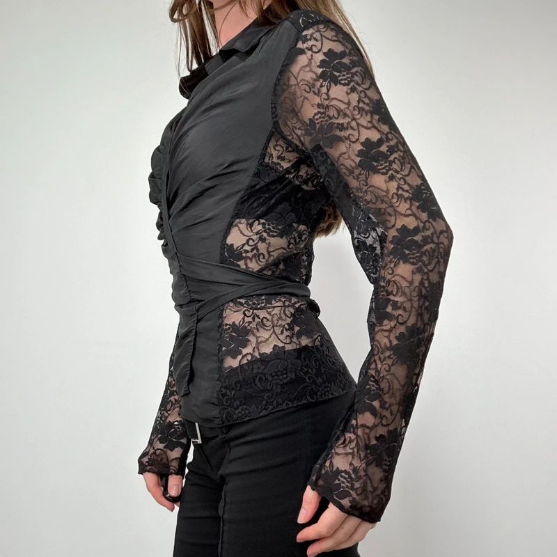 gathered black lace crinkle sheer wrap blouse
