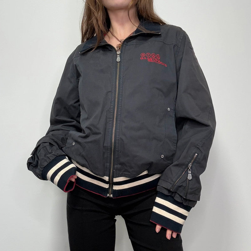 navy bomber jacket, thick striped waistband