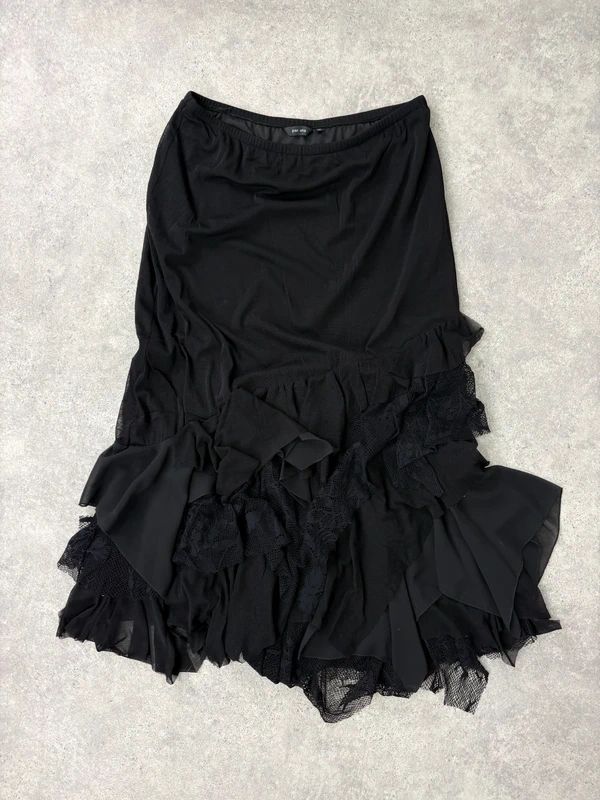 black ruffle grunge layered whimsygoth maxi skirt
