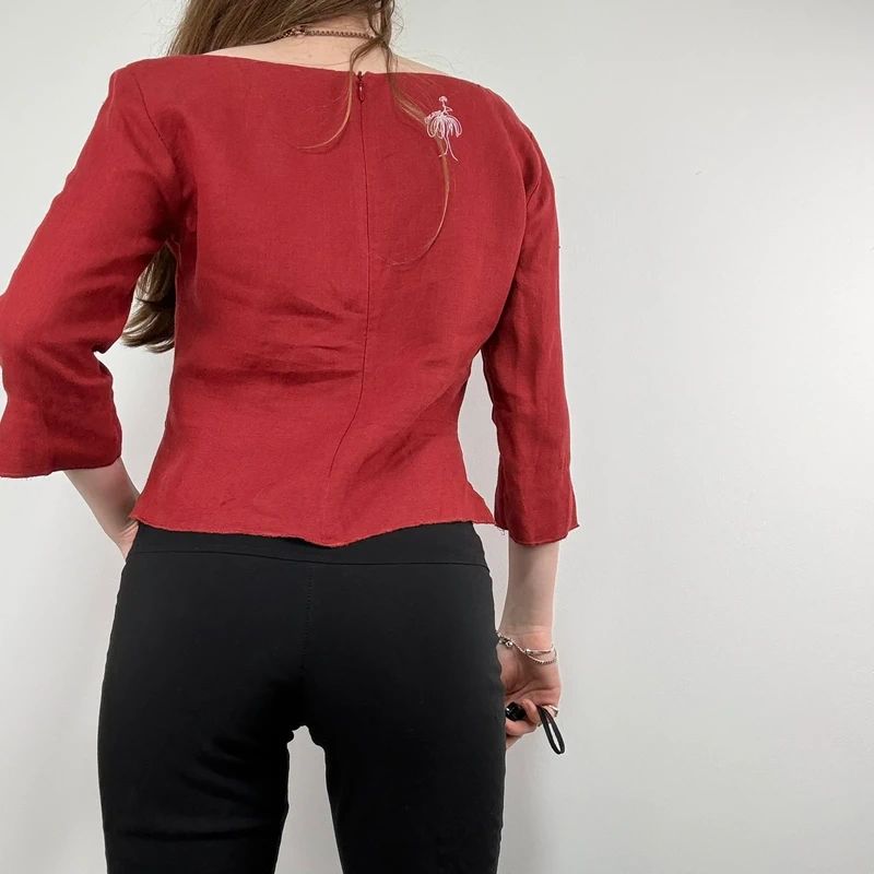 red linen flared fitted slit blouse top