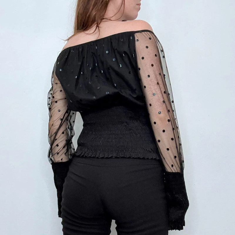 black off the shoulder sheer polkadot top