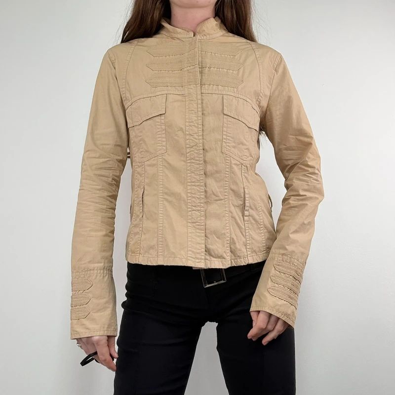 tan fitted panelled military jacket