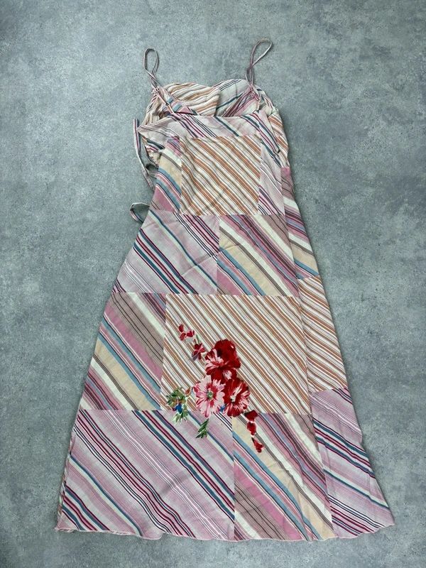 pink pinstripe flared ruffle maxi dress