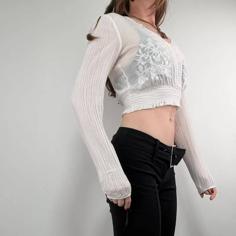 white cotton floral embroidered blouse