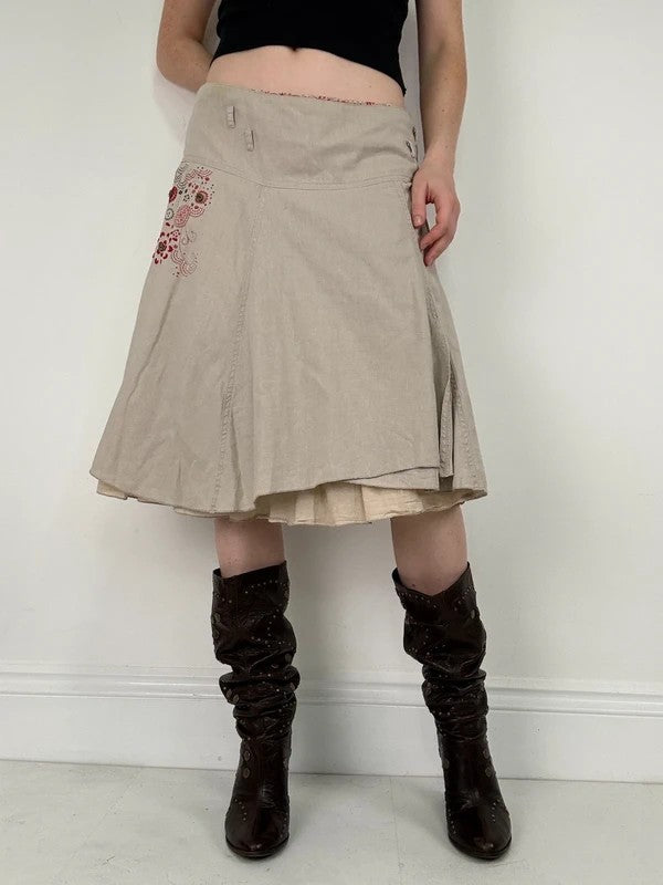 beige linen flared layered midi skirt