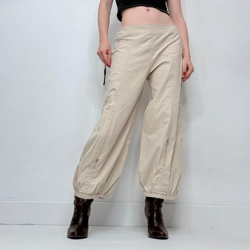 puff pleated barrel leg low rise trousers