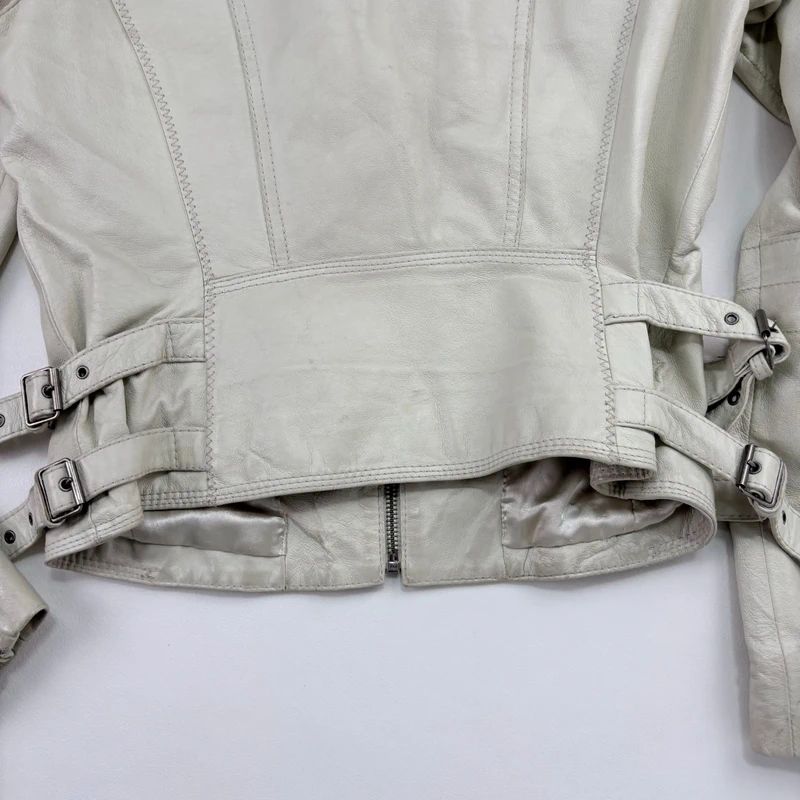 Cream Cropped Leather Biker Jacket