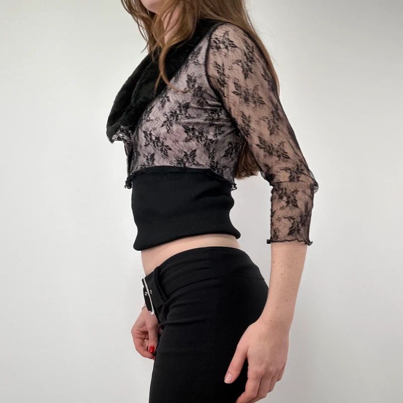 Lace Cropped Cardigan with Faux Fur Collar