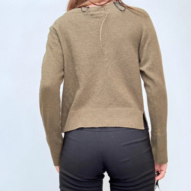 khaki slouchy wool knitted v-neck jumper